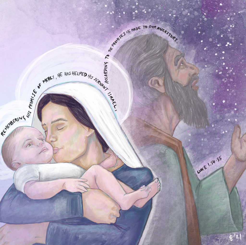 Abraham gazes at the stars while Mary cradles her baby. Text: Remembering his promise of mercy, he has helped his servant Israel, according to the promise he made to our ancestors.